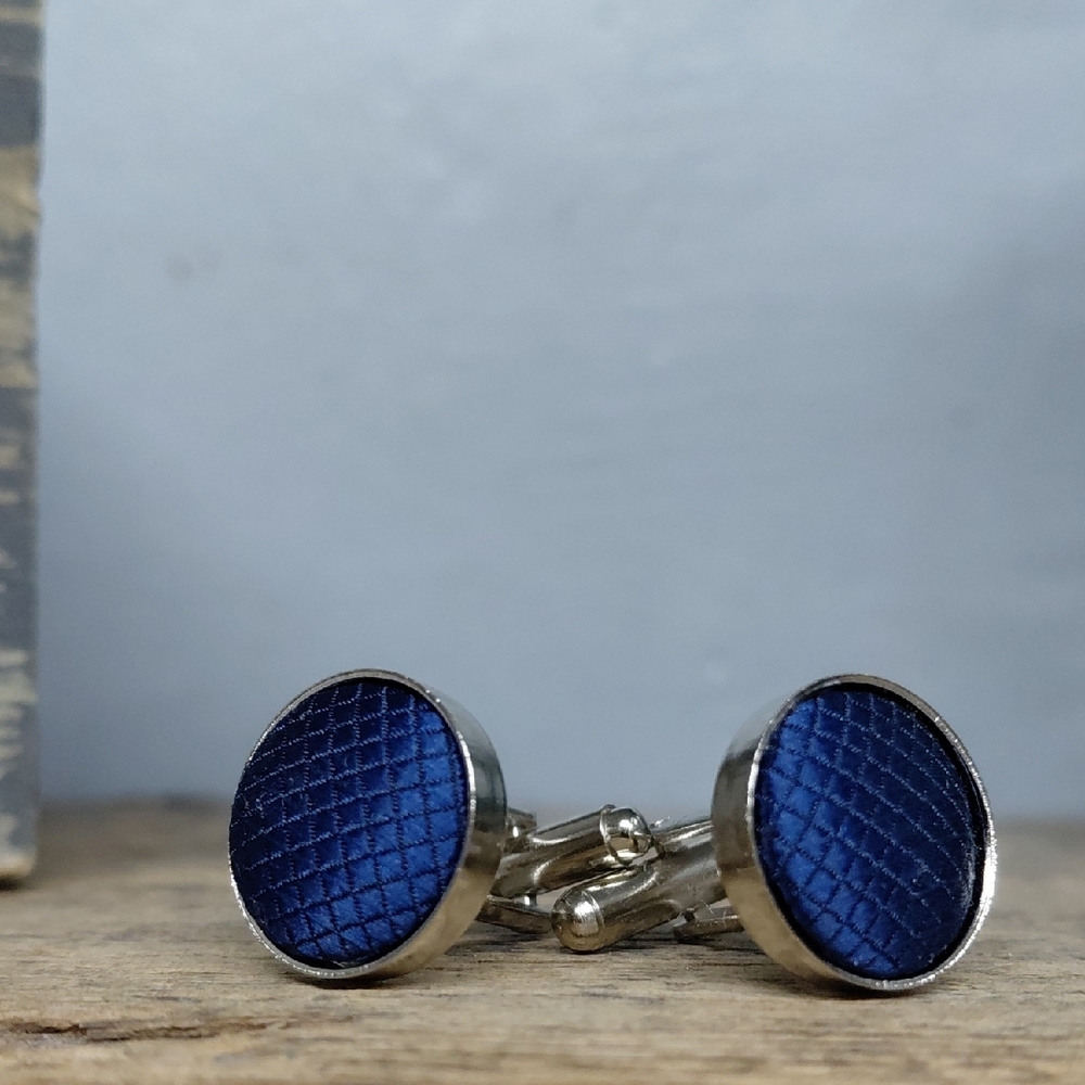 Vintage Silver And Blue Fabric Cuff Links